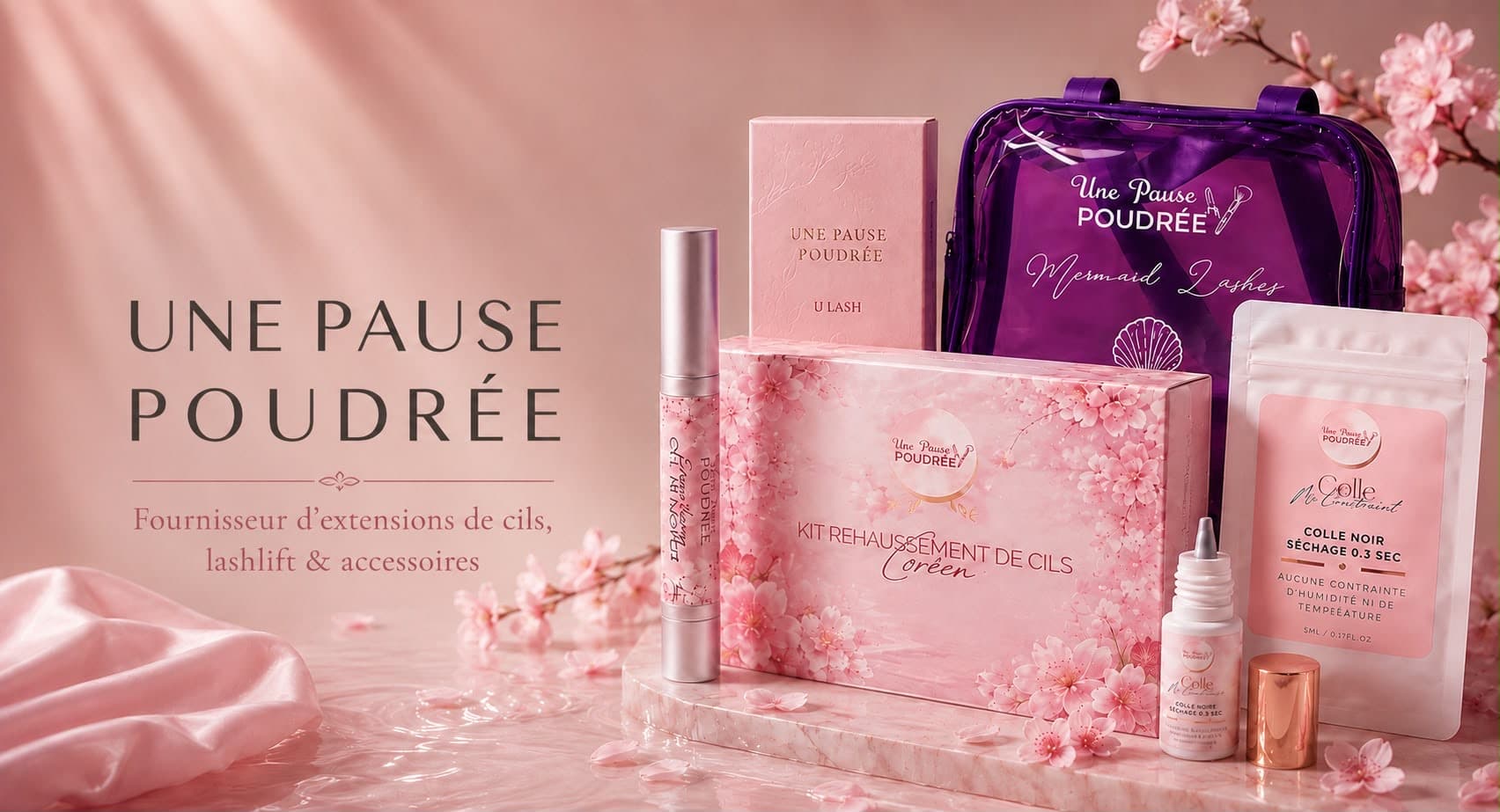 une pause poudrée — mousse nettoyante, fixation, boîte de cils et carte cadeau sur fond poudré